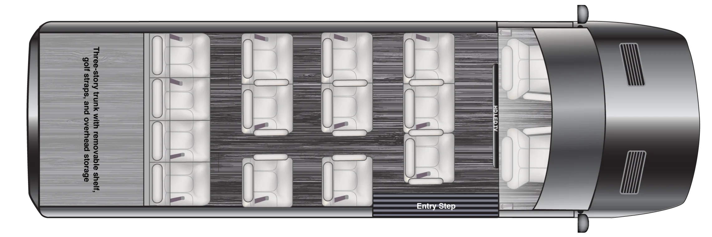 Floorplan of 15 Passenger Coach with three story trunk